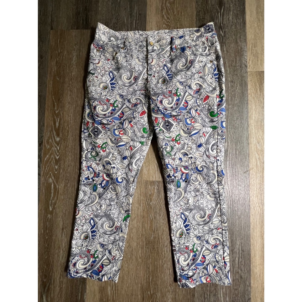 Eric Paisley Print Pants Womens 12 White Multi Color Cropped Ankle Trousers